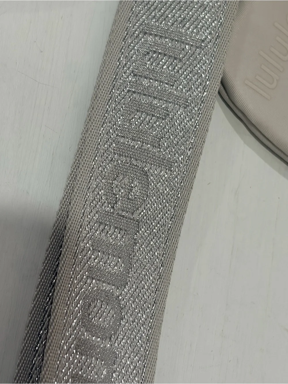 Greyish Beige Lululemon Dual-Pouch Wristlet Keychain with Silver Glitter Strap
